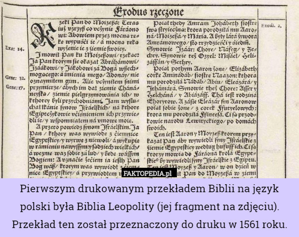 Pierwszym drukowanym przekładem Biblii na język polski była Biblia Leopolity (jej fragment na zdjęciu). Przekład ten został przeznaczony do druku w 1561 roku. 