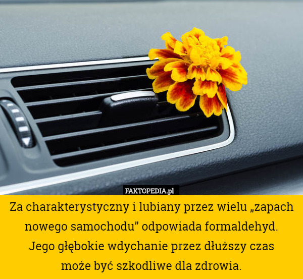 Za charakterystyczny i lubiany przez wielu „zapach nowego samochodu” odpowiada formaldehyd.
 Jego głębokie wdychanie przez dłuższy czas
 może być szkodliwe dla zdrowia. 