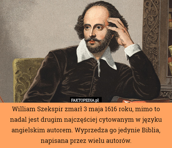 William Szekspir zmarł 3 maja 1616 roku, mimo to nadal jest drugim najczęściej cytowanym w języku angielskim autorem. Wyprzedza go jedynie Biblia, napisana przez wielu autorów. 