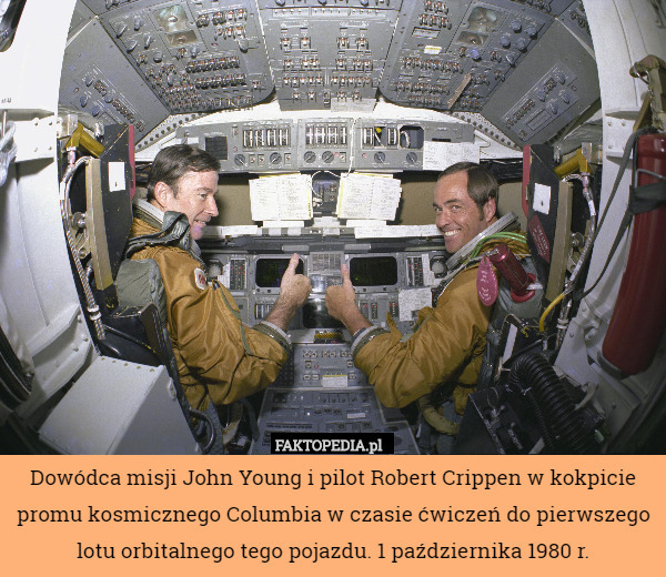 Dowódca misji John Young i pilot Robert Crippen w kokpicie promu kosmicznego Columbia w czasie ćwiczeń do pierwszego lotu orbitalnego tego pojazdu. 1 października 1980 r. 