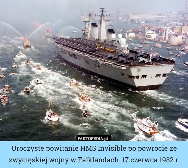 Uroczyste powitanie HMS Invisible po powrocie ze zwycięskiej wojny w Falklandach. 17 czerwca 1982 r. 