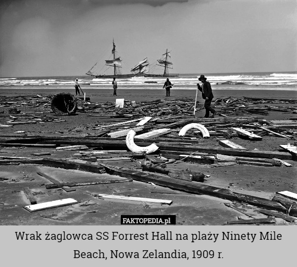 Wrak żaglowca SS Forrest Hall na plaży Ninety Mile Beach, Nowa Zelandia, 1909 r. 