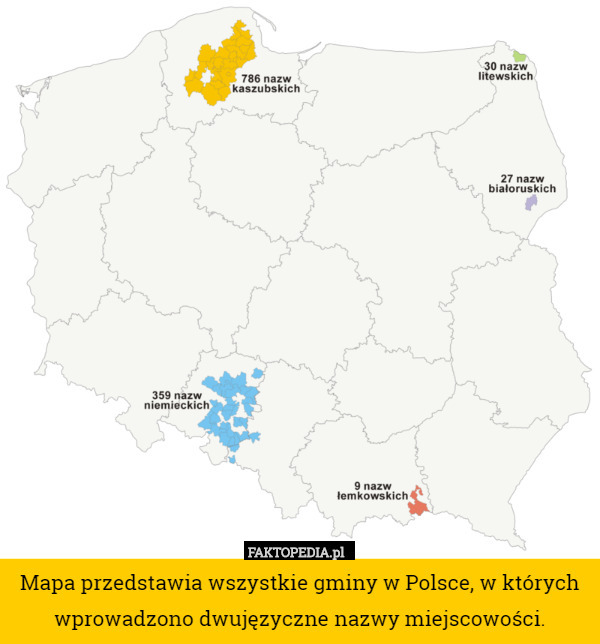 Mapa przedstawia wszystkie gminy w Polsce, w których wprowadzono dwujęzyczne nazwy miejscowości. 