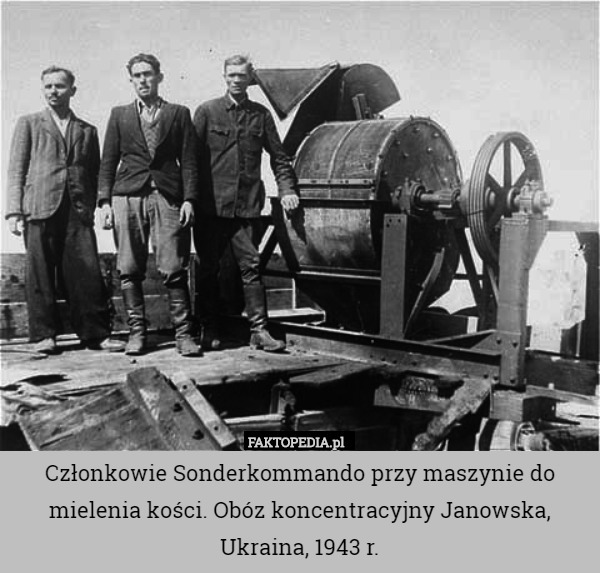 Członkowie Sonderkommando przy maszynie do mielenia kości. Obóz koncentracyjny Janowska, Ukraina, 1943 r. 