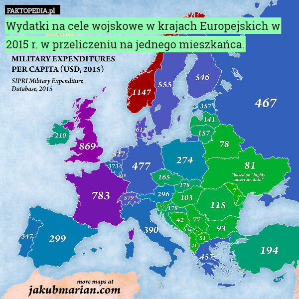 Wydatki na cele wojskowe w krajach Europejskich w 2015 r. w przeliczeniu na jednego mieszkańca. 