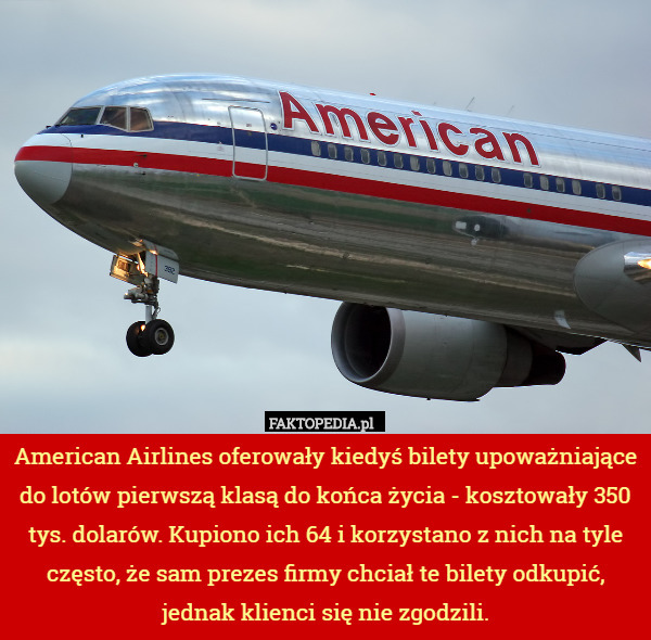 American Airlines oferowały kiedyś bilety upoważniające do lotów pierwszą klasą do końca życia - kosztowały 350 tys. dolarów. Kupiono ich 64 i korzystano z nich na tyle często, że sam prezes firmy chciał te bilety odkupić, jednak klienci się nie zgodzili. 
