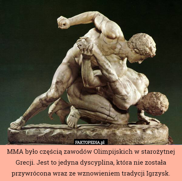 MMA było częścią zawodów Olimpijskich w starożytnej Grecji. Jest to jedyna dyscyplina, która nie została przywrócona wraz ze wznowieniem tradycji Igrzysk. 