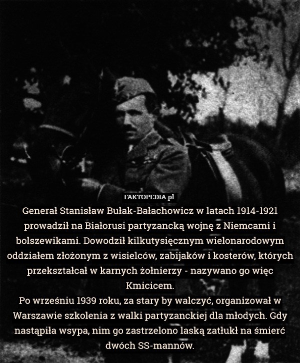 Generał Stanisław Bułak-Bałachowicz w latach 1914-1921 prowadził na Białorusi partyzancką wojnę z Niemcami i bolszewikami. Dowodził kilkutysięcznym wielonarodowym oddziałem złożonym z wisielców, zabijaków i kosterów, których przekształcał w karnych żołnierzy - nazywano go więc Kmicicem.
Po wrześniu 1939 roku, za stary by walczyć, organizował w Warszawie szkolenia z walki partyzanckiej dla młodych. Gdy nastąpiła wsypa, nim go zastrzelono laską zatłukł na śmierć dwóch SS-mannów. 