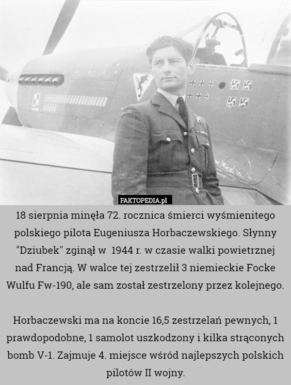 18 sierpnia minęła 72. rocznica śmierci wyśmienitego polskiego pilota Eugeniusza Horbaczewskiego. Słynny "Dziubek" zginął w  1944 r. w czasie walki powietrznej nad Francją. W walce tej zestrzelił 3 niemieckie Focke Wulfu Fw-190, ale sam został zestrzelony przez kolejnego.

Horbaczewski ma na koncie 16,5 zestrzelań pewnych, 1 prawdopodobne, 1 samolot uszkodzony i kilka strąconych bomb V-1. Zajmuje 4. miejsce wśród najlepszych polskich pilotów II wojny. 