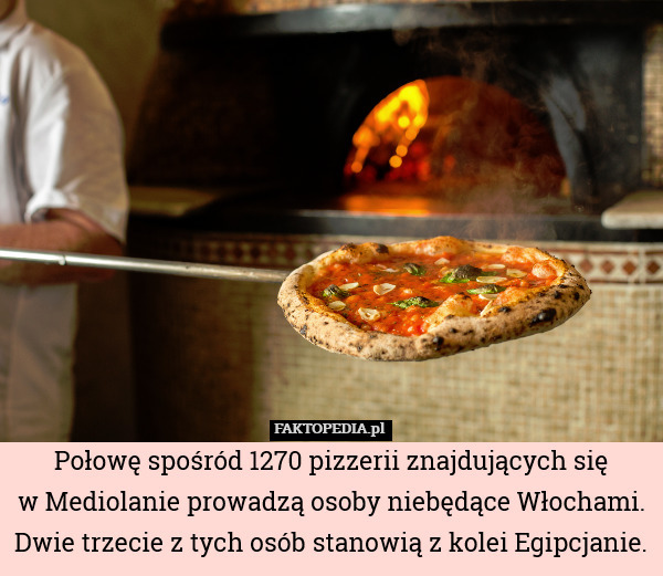Połowę spośród 1270 pizzerii znajdujących się
w Mediolanie prowadzą osoby niebędące Włochami.
Dwie trzecie z tych osób stanowią z kolei Egipcjanie. 