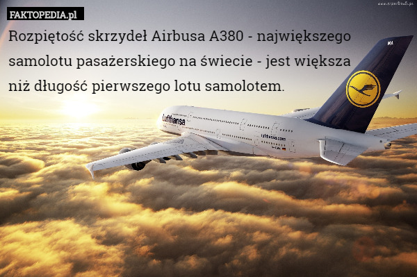 Rozpiętość skrzydeł Airbusa A380 - największego samolotu pasażerskiego na świecie - jest większa
 niż długość pierwszego lotu samolotem. 