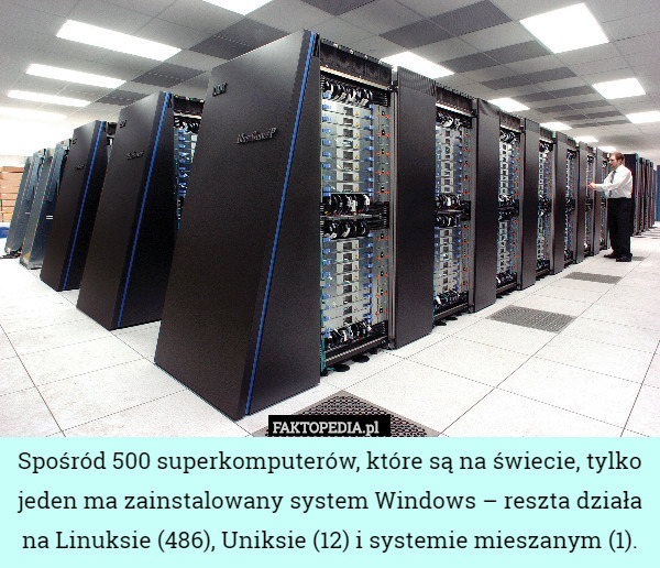 Spośród 500 superkomputerów, które są na świecie, tylko jeden ma zainstalowany system Windows – reszta działa na Linuksie (486), Uniksie (12) i systemie mieszanym (1). 