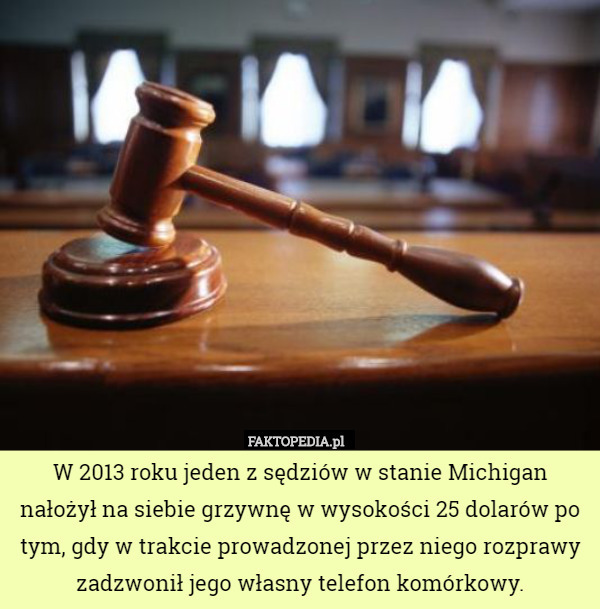 W 2013 roku jeden z sędziów w stanie Michigan nałożył na siebie grzywnę w wysokości 25 dolarów po tym, gdy w trakcie prowadzonej przez niego rozprawy zadzwonił jego własny telefon komórkowy. 