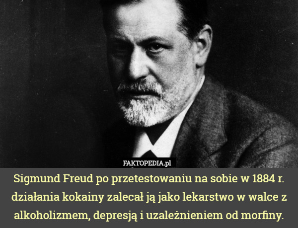 Sigmund Freud po przetestowaniu na sobie w 1884 r. działania kokainy zalecał ją jako lekarstwo w walce z alkoholizmem, depresją i uzależnieniem od morfiny. 