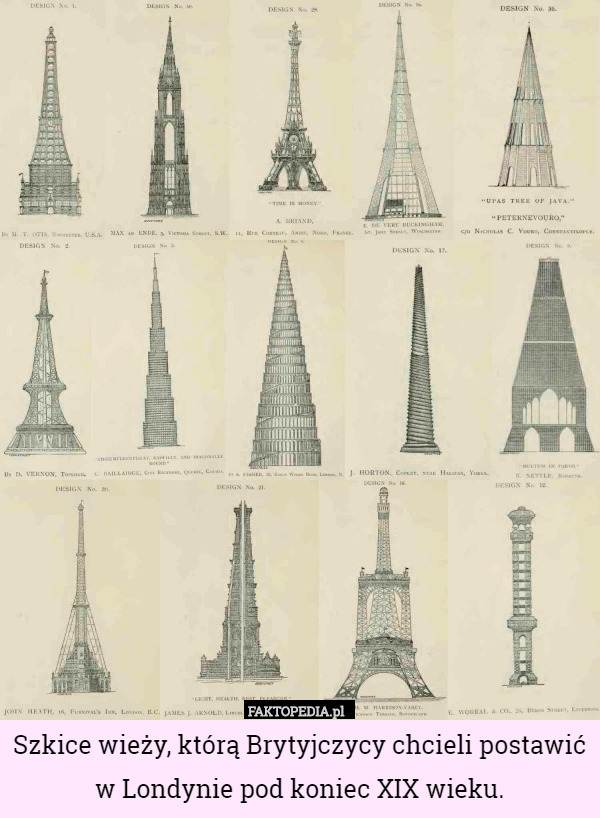 Szkice wieży, którą Brytyjczycy chcieli postawić w Londynie pod koniec XIX wieku. 