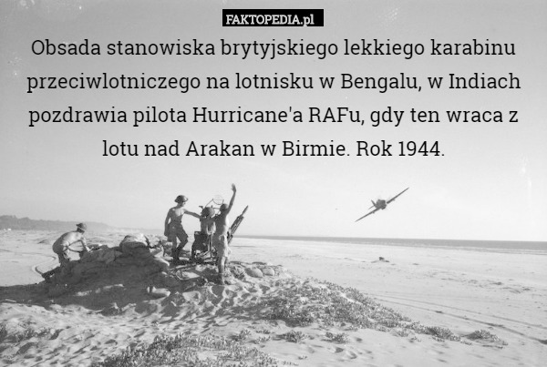 Obsada stanowiska brytyjskiego lekkiego karabinu przeciwlotniczego na lotnisku w Bengalu, w Indiach pozdrawia pilota Hurricane'a RAFu, gdy ten wraca z lotu nad Arakan w Birmie. Rok 1944. 