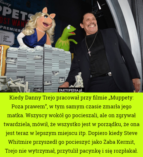 Kiedy Danny Trejo pracował przy filmie „Muppety: Poza prawem”, w tym samym czasie zmarła jego matka. Wszyscy wokół go pocieszali, ale on zgrywał twardziela, mówił, że wszystko jest w porządku, że ona jest teraz w lepszym miejscu itp. Dopiero kiedy Steve Whitmire przyszedł go pocieszyć jako Żaba Kermit, Trejo nie wytrzymał, przytulił pacynkę i się rozpłakał. 