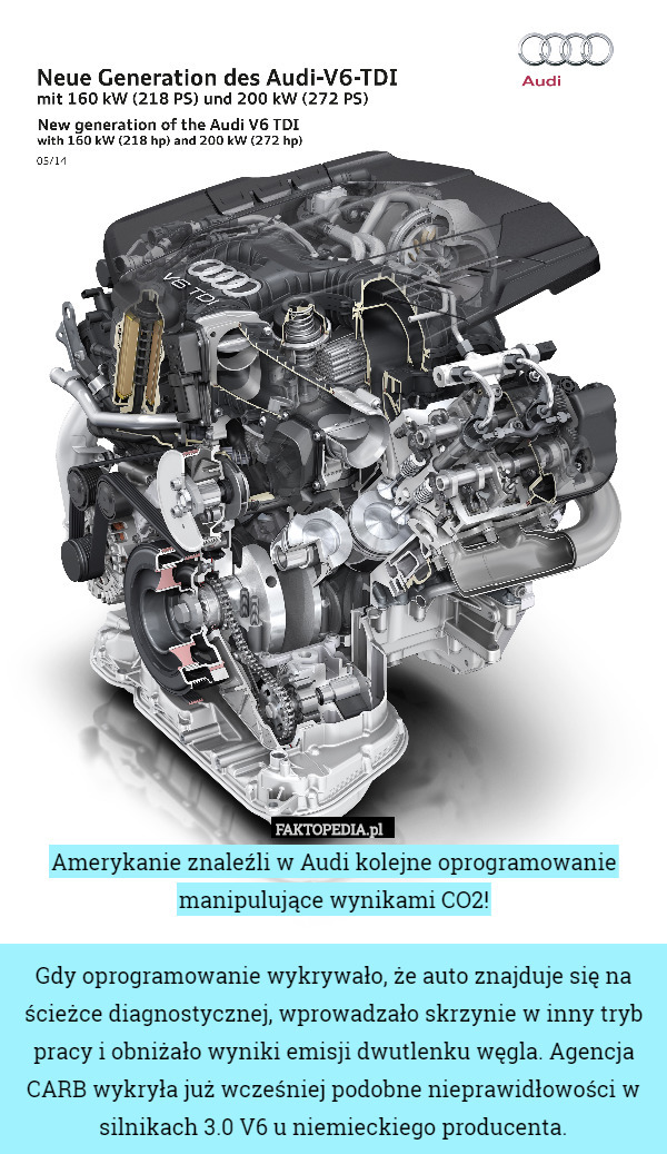 Amerykanie znaleźli w Audi kolejne oprogramowanie manipulujące wynikami CO2!

Gdy oprogramowanie wykrywało, że auto znajduje się na ścieżce diagnostycznej, wprowadzało skrzynie w inny tryb pracy i obniżało wyniki emisji dwutlenku węgla. Agencja CARB wykryła już wcześniej podobne nieprawidłowości w silnikach 3.0 V6 u niemieckiego producenta. 