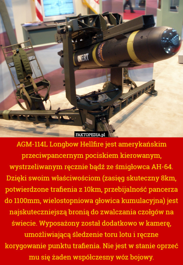 AGM-114L Longbow Hellfire jest amerykańskim przeciwpancernym pociskiem kierowanym, wystrzeliwanym ręcznie bądź ze śmigłowca AH-64.
Dzięki swoim właściwościom (zasięg skuteczny 8km, potwierdzone trafienia z 10km, przebijalność pancerza do 1100mm, wielostopniowa głowica kumulacyjna) jest najskuteczniejszą bronią do zwalczania czołgów na świecie. Wyposażony został dodatkowo w kamerę, umożliwiającą śledzenie toru lotu i ręczne korygowanie punktu trafienia. Nie jest w stanie oprzeć mu się żaden współczesny wóz bojowy. 