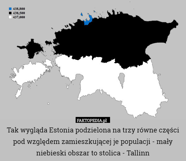 Tak wygląda Estonia podzielona na trzy równe części pod względem zamieszkującej je populacji - mały niebieski obszar to stolica - Tallinn 