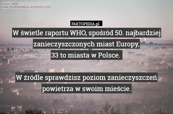W świetle raportu WHO, spośród 50. najbardziej zanieczyszczonych miast Europy,
 33 to miasta w Polsce. 

W źródle sprawdzisz poziom zanieczyszczeń powietrza w swoim mieście. 