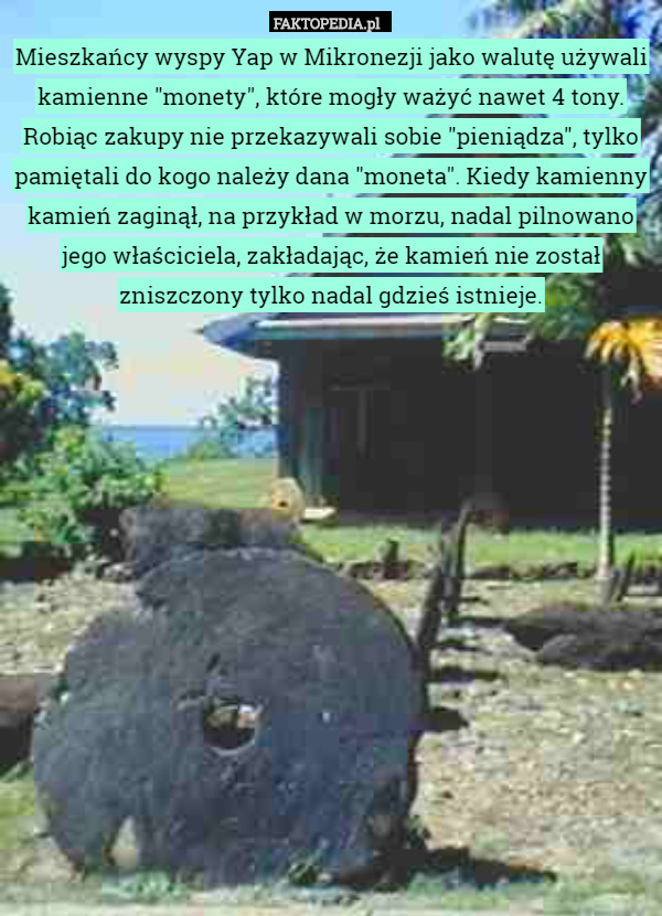 Mieszkańcy wyspy Yap w Mikronezji jako walutę używali kamienne "monety", które mogły ważyć nawet 4 tony. Robiąc zakupy nie przekazywali sobie "pieniądza", tylko pamiętali do kogo należy dana "moneta". Kiedy kamienny kamień zaginął, na przykład w morzu, nadal pilnowano jego właściciela, zakładając, że kamień nie został zniszczony tylko nadal gdzieś istnieje. 