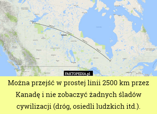 Można przejść w prostej linii 2500 km przez Kanadę i nie zobaczyć żadnych śladów cywilizacji (dróg, osiedli ludzkich itd.). 