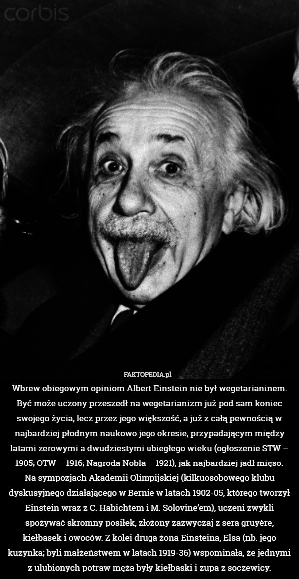 Wbrew obiegowym opiniom Albert Einstein nie był wegetarianinem. Być może uczony przeszedł na wegetarianizm już pod sam koniec swojego życia, lecz przez jego większość, a już z całą pewnością w najbardziej płodnym naukowo jego okresie, przypadającym między latami zerowymi a dwudziestymi ubiegłego wieku (ogłoszenie STW – 1905; OTW – 1916; Nagroda Nobla – 1921), jak najbardziej jadł mięso.
 Na sympozjach Akademii Olimpijskiej (kilkuosobowego klubu dyskusyjnego działającego w Bernie w latach 1902-05, którego tworzył Einstein wraz z C. Habichtem i M. Solovine’em), uczeni zwykli spożywać skromny posiłek, złożony zazwyczaj z sera gruyère, kiełbasek i owoców. Z kolei druga żona Einsteina, Elsa (nb. jego kuzynka; byli małżeństwem w latach 1919-36) wspominała, że jednymi z ulubionych potraw męża były kiełbaski i zupa z soczewicy. 