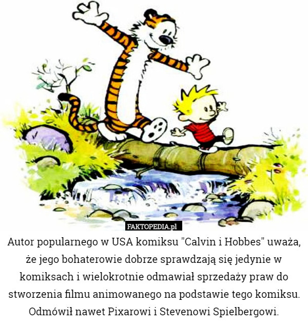 Autor popularnego w USA komiksu "Calvin i Hobbes" uważa, że jego bohaterowie dobrze sprawdzają się jedynie w komiksach i wielokrotnie odmawiał sprzedaży praw do stworzenia filmu animowanego na podstawie tego komiksu. Odmówił nawet Pixarowi i Stevenowi Spielbergowi. 