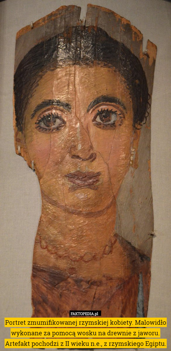 Portret zmumifikowanej rzymskiej kobiety. Malowidło wykonane za pomocą wosku na drewnie z jaworu. Artefakt pochodzi z II wieku n.e., z rzymskiego Egiptu. 