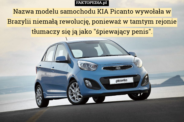 Nazwa modelu samochodu KIA Picanto wywołała w Brazylii niemałą rewolucję, ponieważ w tamtym rejonie tłumaczy się ją jako "śpiewający penis". 