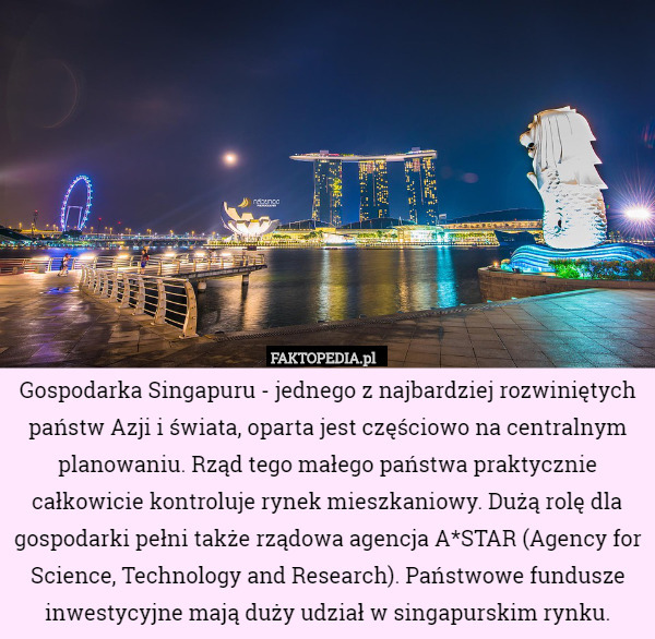 Gospodarka Singapuru - jednego z najbardziej rozwiniętych państw Azji i świata, oparta jest częściowo na centralnym planowaniu. Rząd tego małego państwa praktycznie całkowicie kontroluje rynek mieszkaniowy. Dużą rolę dla gospodarki pełni także rządowa agencja A*STAR (Agency for Science, Technology and Research). Państwowe fundusze inwestycyjne mają duży udział w singapurskim rynku. 