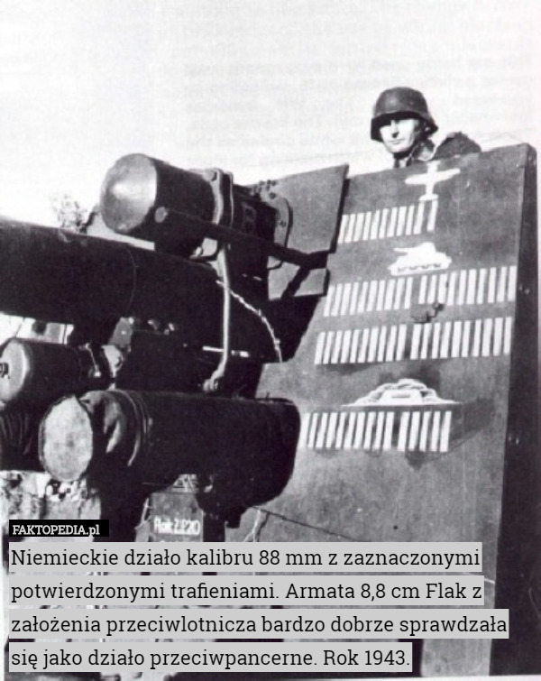 Niemieckie działo kalibru 88 mm z zaznaczonymi potwierdzonymi trafieniami. Armata 8,8 cm Flak z założenia przeciwlotnicza bardzo dobrze sprawdzała się jako działo przeciwpancerne. Rok 1943. 