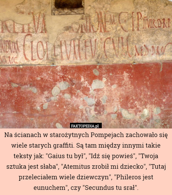Na ścianach w starożytnych Pompejach zachowało się wiele starych graffiti. Są tam między innymi takie teksty jak: "Gaius tu był", "Idź się powieś", "Twoja sztuka jest słaba", "Atemitus zrobił mi dziecko", "Tutaj przeleciałem wiele dziewczyn", "Phileros jest eunuchem", czy "Secundus tu srał". 