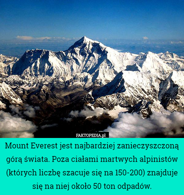 Mount Everest jest najbardziej zanieczyszczoną górą świata. Poza ciałami martwych alpinistów (których liczbę szacuje się na 150-200) znajduje się na niej około 50 ton odpadów. 
