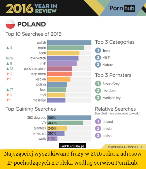 Najczęściej wyszukiwane frazy w 2016 roku z adresów IP pochodzących z Polski, według serwisu Pornhub. 
