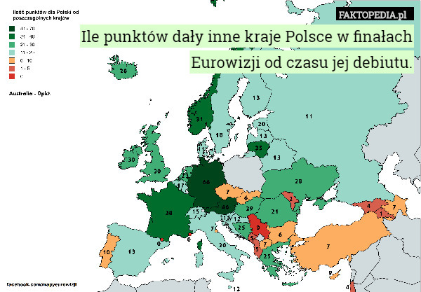 Ile punktów dały inne kraje Polsce w finałach Eurowizji od czasu jej debiutu. 