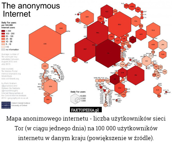 Mapa anonimowego internetu - liczba użytkowników sieci Tor (w ciągu jednego dnia) na 100 000 użytkowników internetu w danym kraju (powiększenie w źródle). 