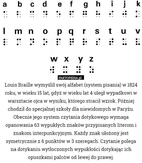 Louis Braille wymyślił swój alfabet (system pisania) w 1824 roku, w wieku 15 lat, gdyż w wieku lat 4 uległ wypadkowi w warsztacie ojca w wyniku, którego stracił wzrok. Później chodził do specjalnej szkoły dla niewidomych w Paryżu.
Obecnie jego system czytania dotykowego wymaga opanowania 63 wypukłych znaków przypisanych literom i znakom interpunkcyjnym. Każdy znak ułożony jest symetrycznie z 6 punktów w 3 szeregach. Czytanie polega na dotykaniu wytłoczonych wypukłości dotykając ich opuszkami palców od lewej do prawej. 