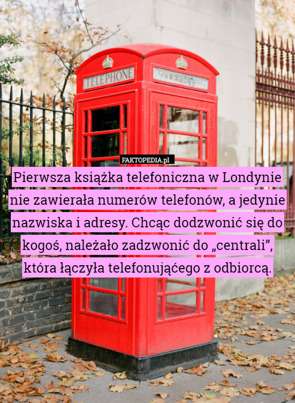 Pierwsza książka telefoniczna w Londynie nie zawierała numerów telefonów, a jedynie nazwiska i adresy. Chcąc dodzwonić się do kogoś, należało zadzwonić do „centrali”, która łączyła telefonująćego z odbiorcą. 