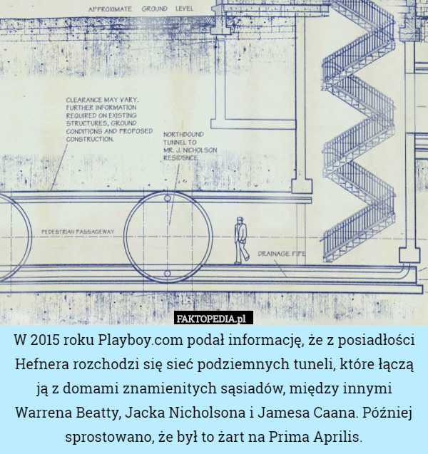 W 2015 roku Playboy.com podał informację, że z posiadłości Hefnera rozchodzi się sieć podziemnych tuneli, które łączą ją z domami znamienitych sąsiadów, między innymi Warrena Beatty, Jacka Nicholsona i Jamesa Caana. Później sprostowano, że był to żart na Prima Aprilis. 