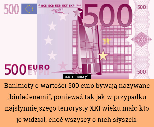 Banknoty o wartości 500 euro bywają nazywane „binladenami”, ponieważ tak jak w przypadku najsłynniejszego terrorysty XXI wieku mało kto je widział, choć wszyscy o nich słyszeli. 