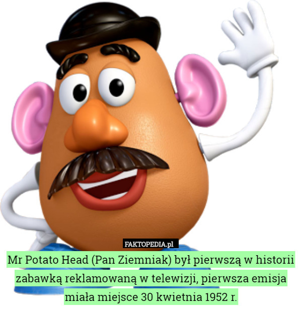 Mr Potato Head (Pan Ziemniak) był pierwszą w historii zabawką reklamowaną w telewizji, pierwsza emisja miała miejsce 30 kwietnia 1952 r. 