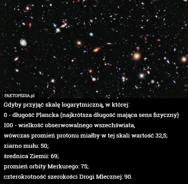 Gdyby przyjąć skalę logarytmiczną, w której:
0 - długość Plancka (najkrótsza długość mająca sens fizyczny)
100 - wielkość obserwowalnego wszechświata,
wówczas promień protonu miałby w tej skali wartość 32,5;
ziarno mułu: 50;
średnica Ziemii: 69;
promień orbity Merkurego: 75;
czterokrotność szerokości Drogi Mlecznej: 90. 