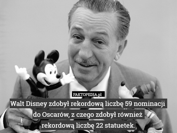 Walt Disney zdobył rekordową liczbę 59 nominacji 
do Oscarów, z czego zdobył również 
rekordową liczbę 22 statuetek. 