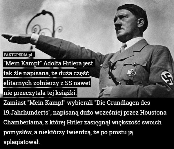 "Mein Kampf" Adolfa Hitlera jest 
tak źle napisana, że duża część
 elitarnych żołnierzy z SS nawet
 nie przeczytała tej książki.
Zamiast "Mein Kampf" wybierali "Die Grundlagen des 19.Jahrhunderts", napisaną dużo wcześniej przez Houstona Chamberlaina, z której Hitler zasięgnął większość swoich pomysłów, a niektórzy twierdzą, że po prostu ją splagiatował. 