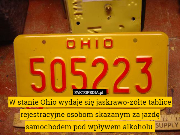 W stanie Ohio wydaje się jaskrawo-żółte tablice rejestracyjne osobom skazanym za jazdę samochodem pod wpływem alkoholu. 