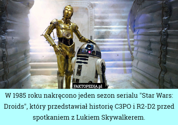 W 1985 roku nakręcono jeden sezon serialu "Star Wars: Droids", który przedstawiał historię C3PO i R2-D2 przed spotkaniem z Lukiem Skywalkerem. 
