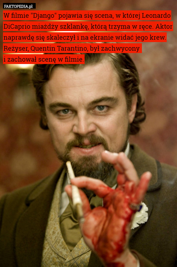 W filmie "Django" pojawia się scena, w której Leonardo DiCaprio miażdży szklankę, którą trzyma w ręce. Aktor naprawdę się skaleczył i na ekranie widać jego krew. Reżyser, Quentin Tarantino, był zachwycony 
i zachował scenę w filmie. 