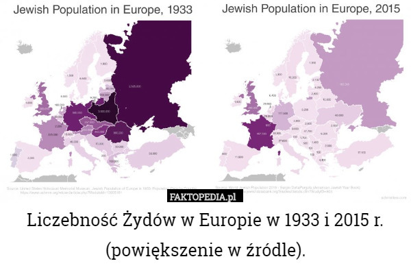 Liczebność Żydów w Europie w 1933 i 2015 r. (powiększenie w źródle). 